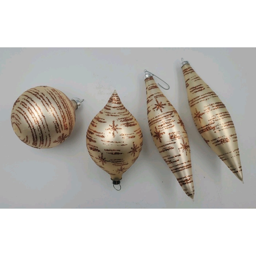 Vintage Champagne Gold Glass Ornaments with Copper Glitter Stripes Set Of 4